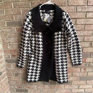 P. Luca Milano Houndstooth Cardigan Coat Black White‎ XL Long Sweater Jacket NWT